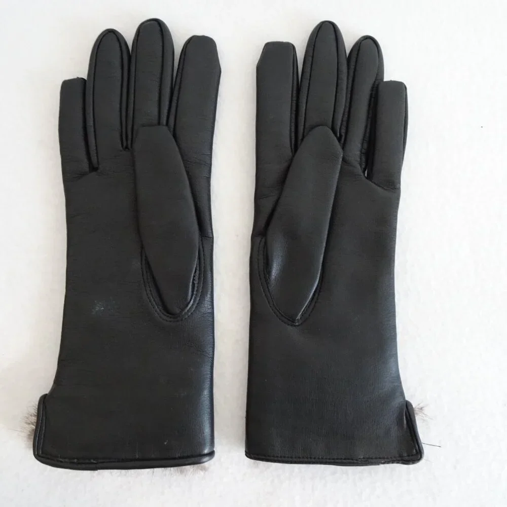 Vintage Women’s Faux Black Leather Fur Lined Gloves Size 7 to 8 1/2 S/M